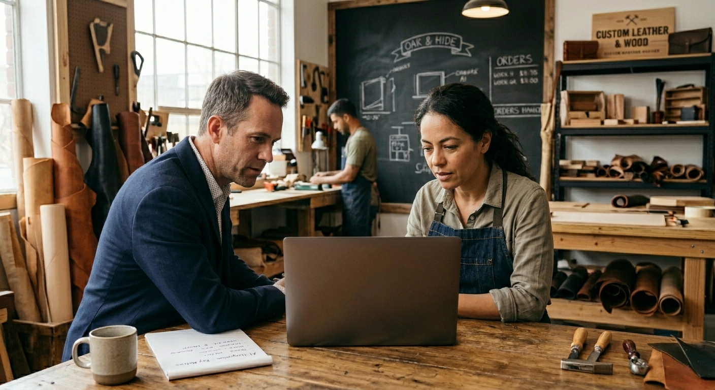Consultant working with a small business owner on AI tools